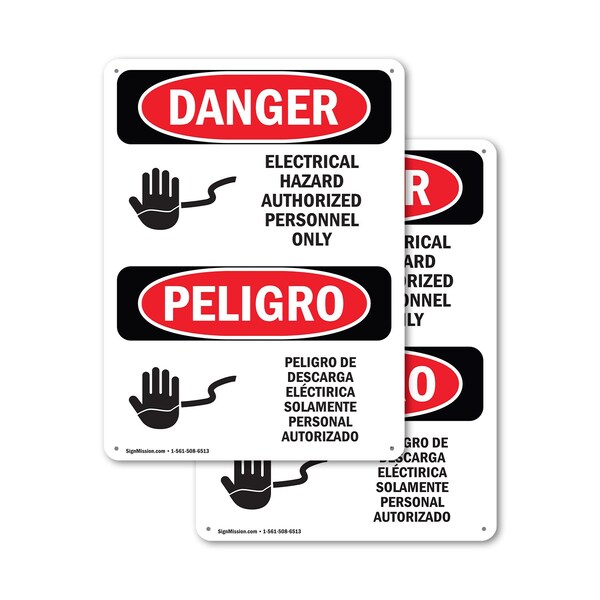 Signmission Electrical Hazard Authorized Only Bilingual Danger Sign, Plastic, 7in W x 10in L, 2PK OS-2PACK-DS-P-710-VS-1197 - main